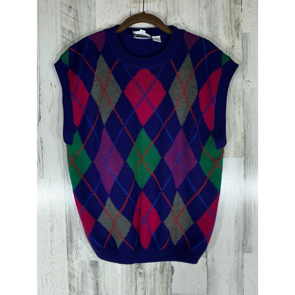 Russ Sweater Vest Size Large Jewel Tone Multicolor Argyle Wool Blend 80s 90s